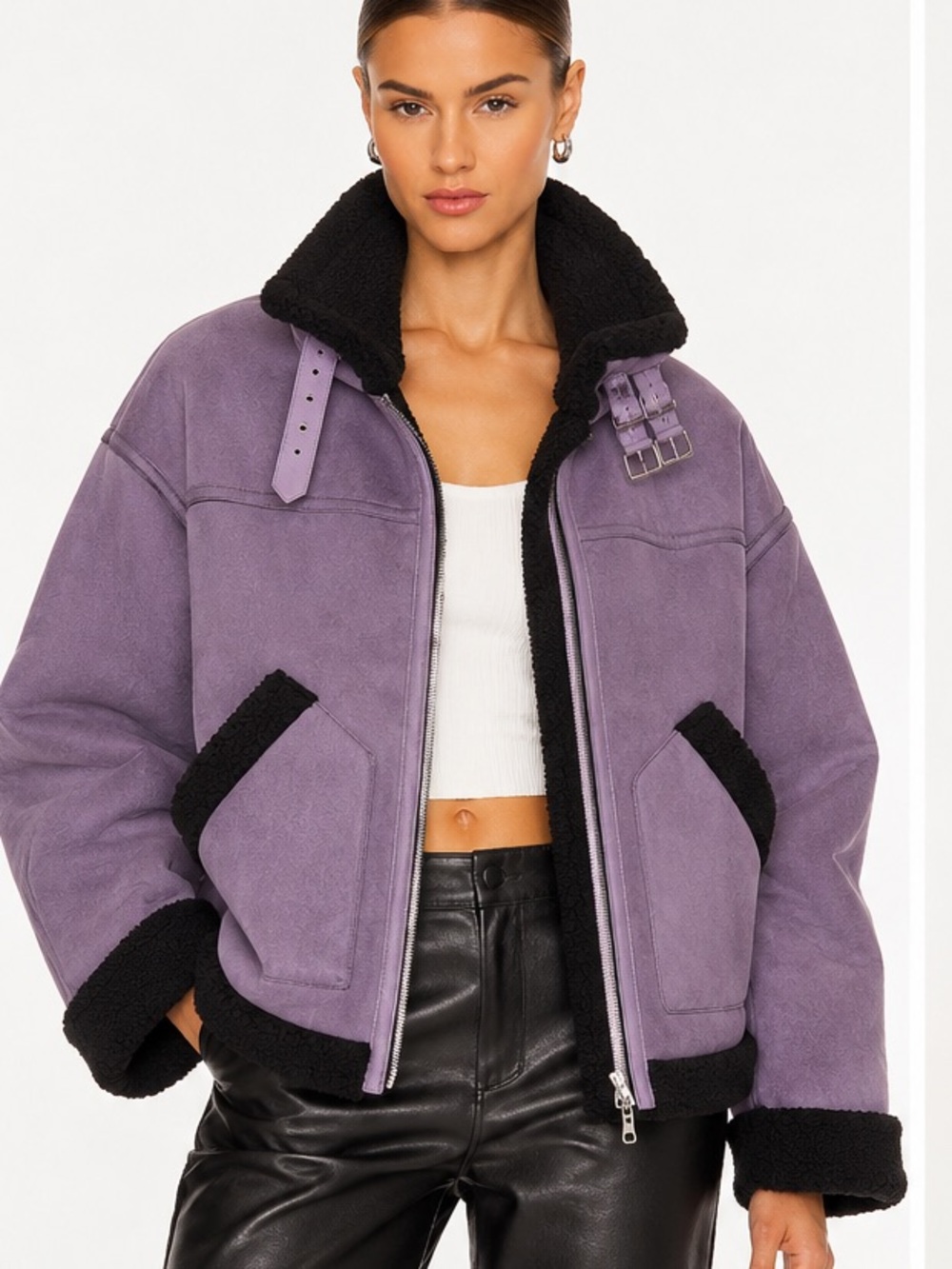 JOEY Purple Faux Suede Shearling Aviator Jacket Black Sherpa Size M
